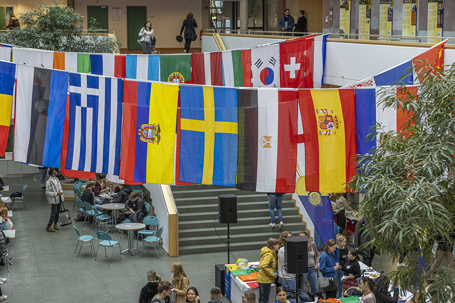 Verschiedene Länderfahnen zum International Day im Foyer des Viadrina Gräfin-Dönhoff-Gebäudes