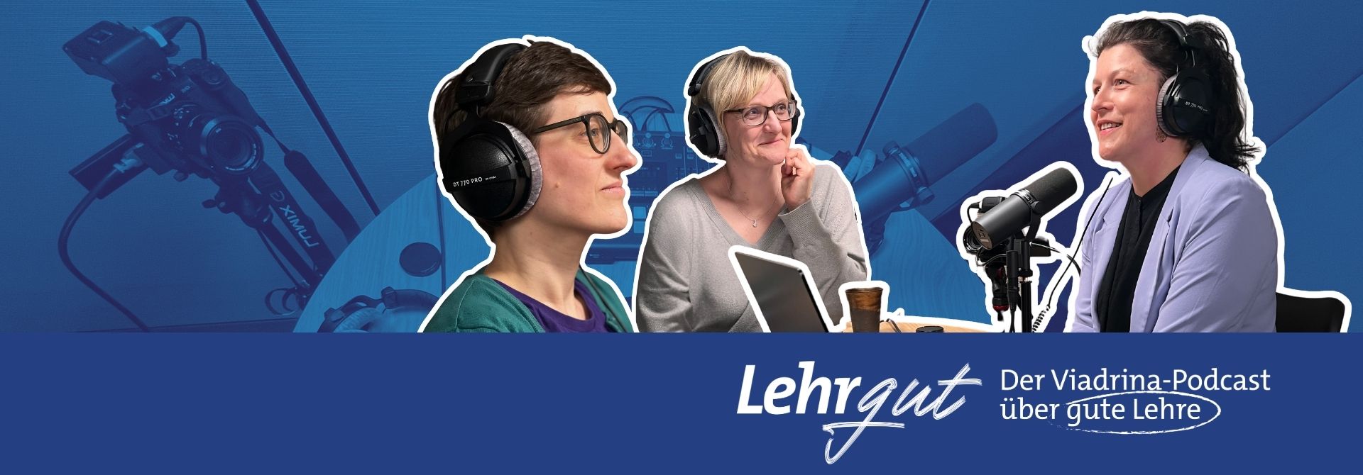Hosts und Gast im Viadrina-Podcast-Studio: Ulrike Polley, Frauke Adesiyan und Anja Färber-Voigt