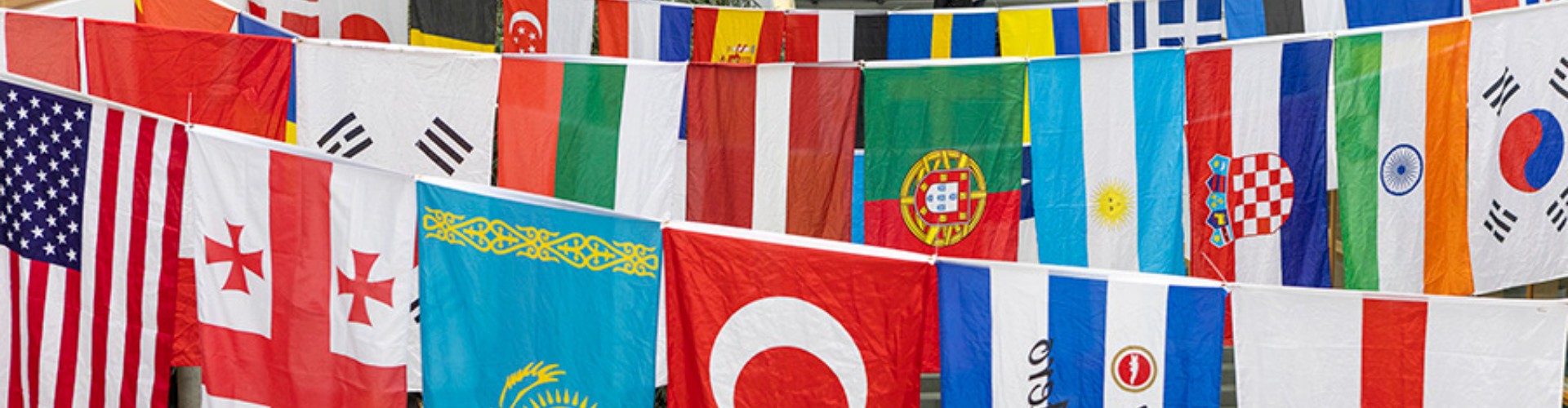 Verschiedene Länderfahnen zum International Day im Foyer des Viadrina Gräfin-Dönhoff-Gebäudes