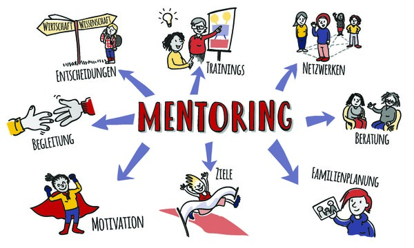 Das Wort Mentoring steht im Zentrum. Davon ausgehend sind Pfeile zu Illustrationen mit den Worten Trainings, Netzwerken, Beratung, Familienplanung, Ziele Motivation, Begleitung und Entscheidungen.