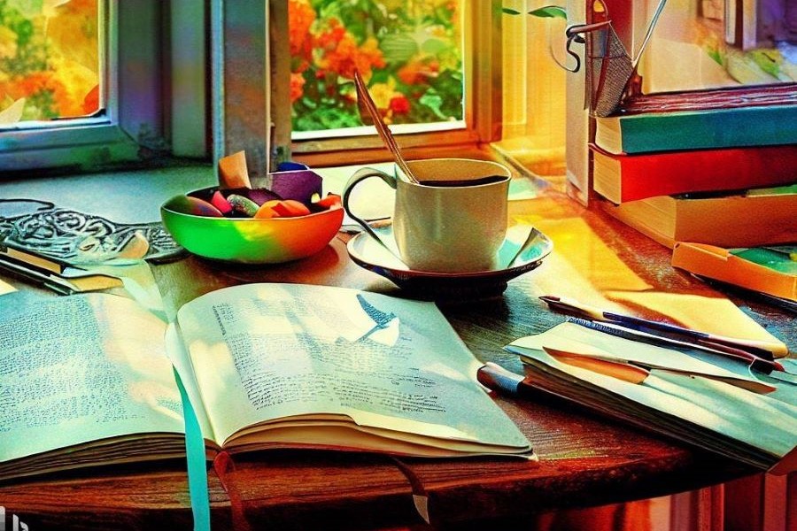 Bücher und eine Tasse Kaffee auf dem Tisch