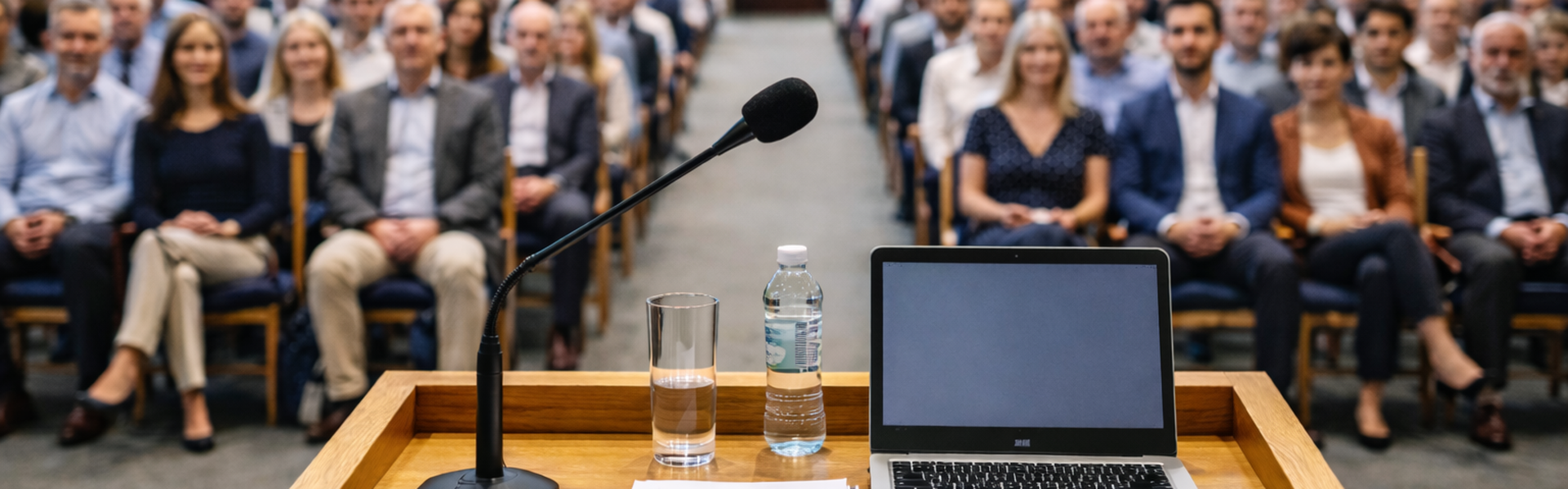 Rednerpult mit einem Publikum im Hintergrund