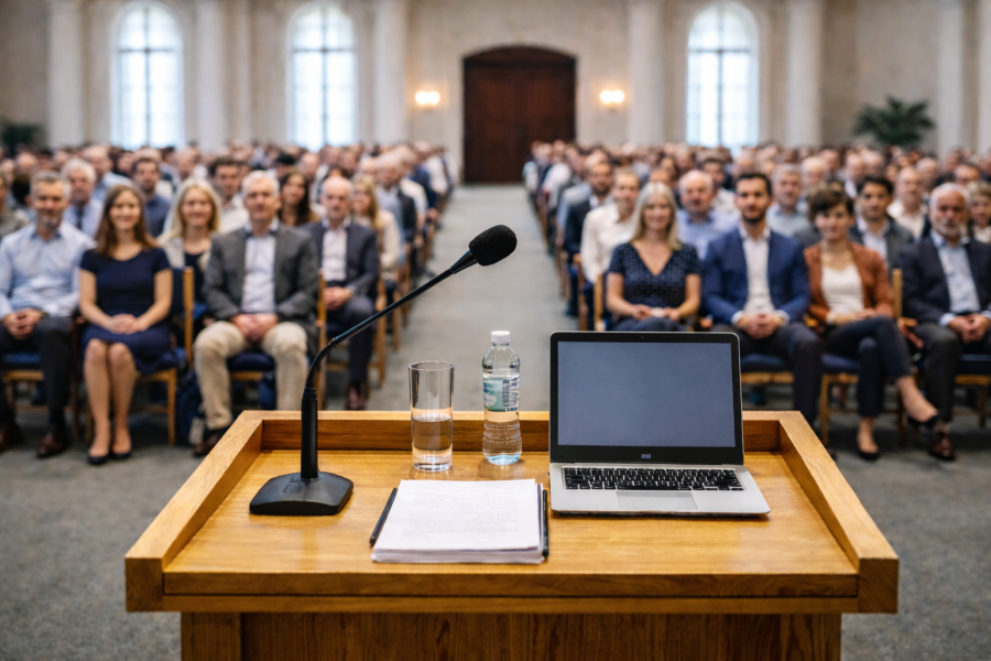 Rednerpult mit einem Publikum im Hintergrund