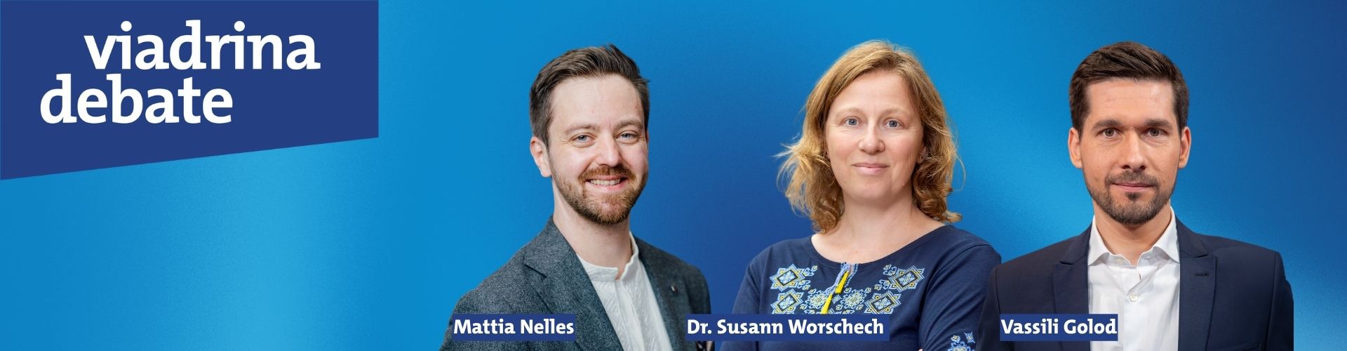 Grafik Viadrina Debate Wintersemester 2026/27 mit Mattia Nelles, Susann Worschech und Vassili Golod