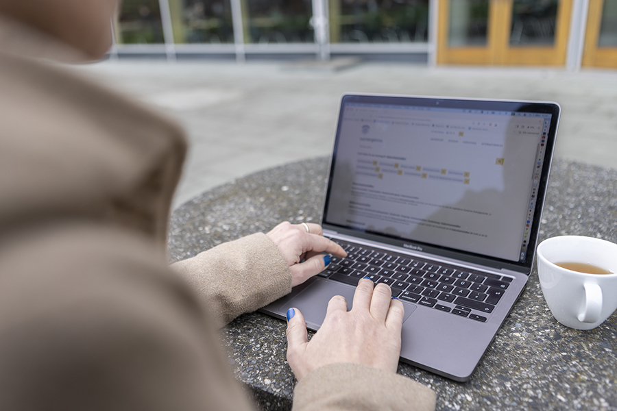 Arbeit am Laptop draußen, Teetasse